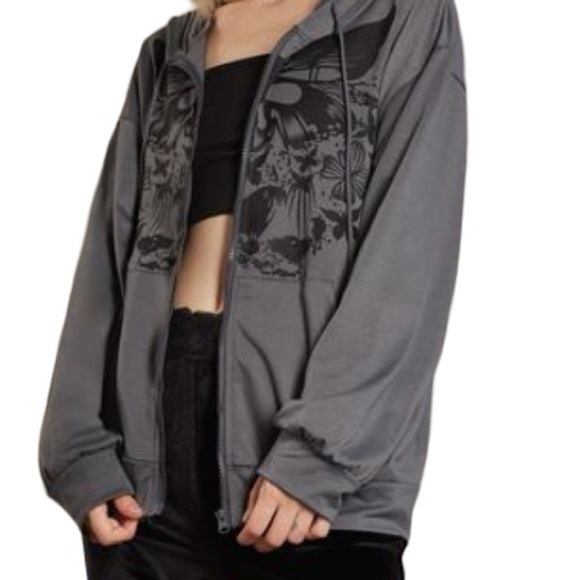 SHEIN Tops - SHEIN Butterfly Print Zip Up DropDrawstring Hoodie